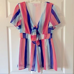 Pink Lily blue pink stripe romper tie front size L